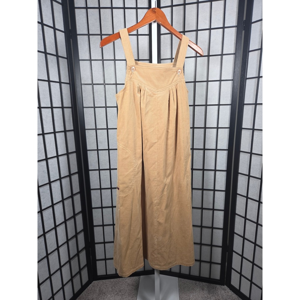 Mizz Lizz Vintage 70s Tan Corduroy Jumper Dress Overall Midi Pockets